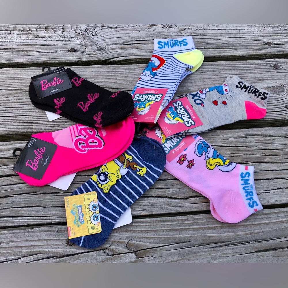 NEW 6 Pair Ladies THE SMURFS BARBIE SPONGEBOB Cartoon Characters Socks OS Gift